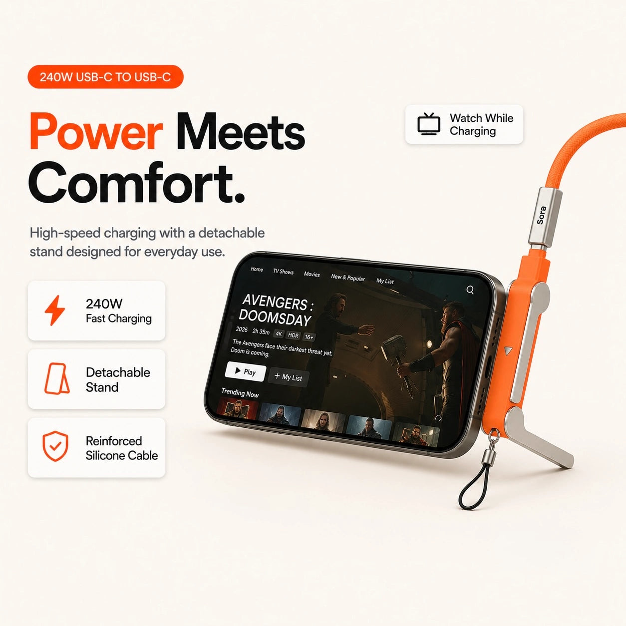 Detachable phone stand with charging cable in landscape mode for streaming