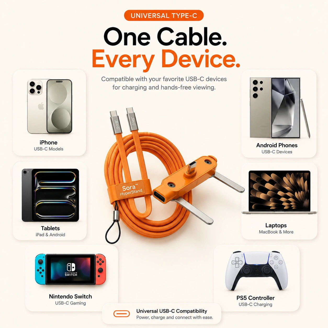 Detachable charging cable stand compatible with iPhone, Android, iPad, MacBook and Nintendo Switch