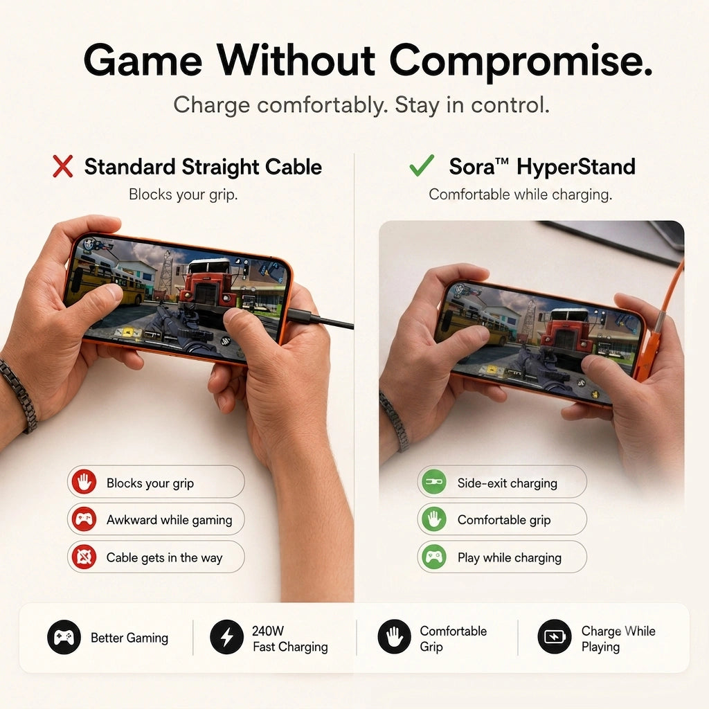 Detachable cable stand for mobile gaming, side exit USB-C charging