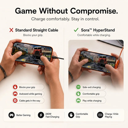 Detachable cable stand for mobile gaming, side exit USB-C charging