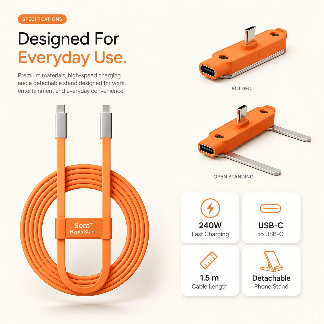 Detachable charging cable stand specs, 240W USB-C 1.5m flat silicone cable