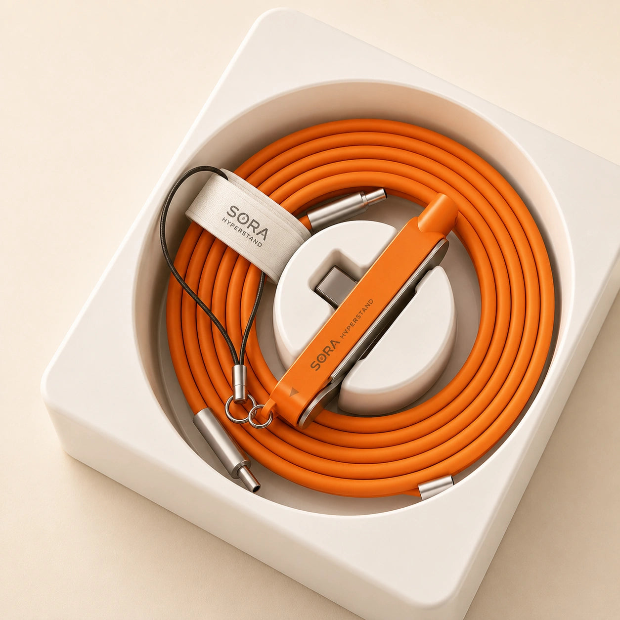 Detachable charging cable stand in orange inside product packaging