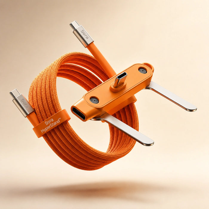 Detachable phone stand charging cable, orange flat silicone USB-C with aluminum stand