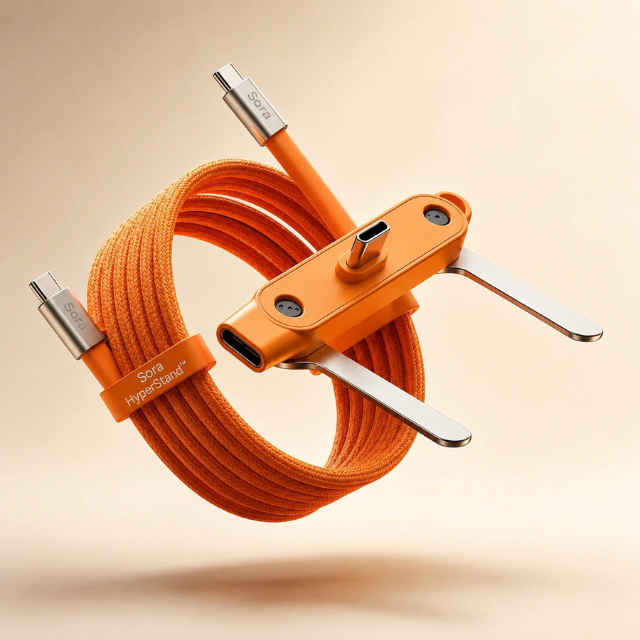 Detachable phone stand charging cable, orange flat silicone USB-C with aluminum stand