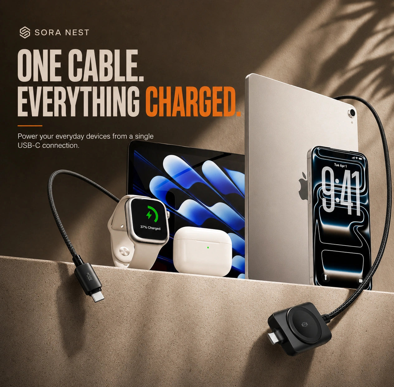 Sora Nest DuoCharge | 100W 2-in-1 USB-C & Apple Watch Charging Cable