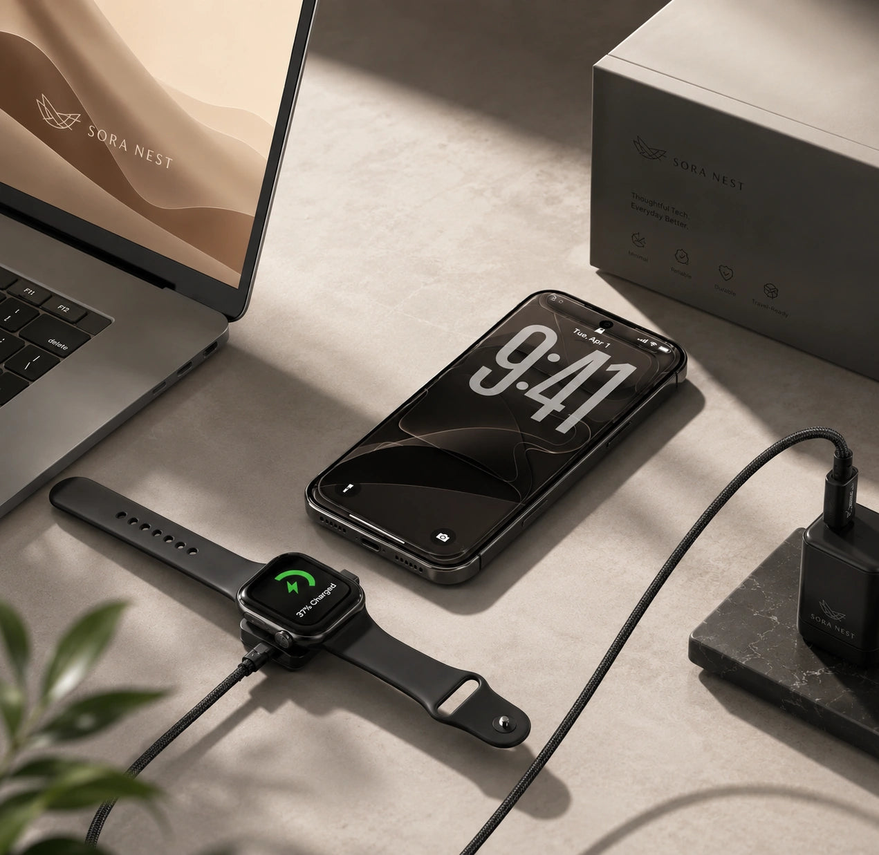 Sora Nest DuoCharge | 100W 2-in-1 USB-C & Apple Watch Charging Cable